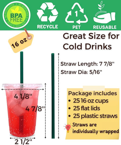 16 oz Clear Plastic Cups with Lids and Straws, Disposable Coffee Cups 25 Sets - Image 2