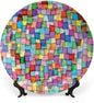 Decorative Plates, Abstract Print Ornament, Mosaic Tile Pattern Colorful Squares Cubes, 7 Inch, 1 Plate with 1 Display Stand, Multicolor