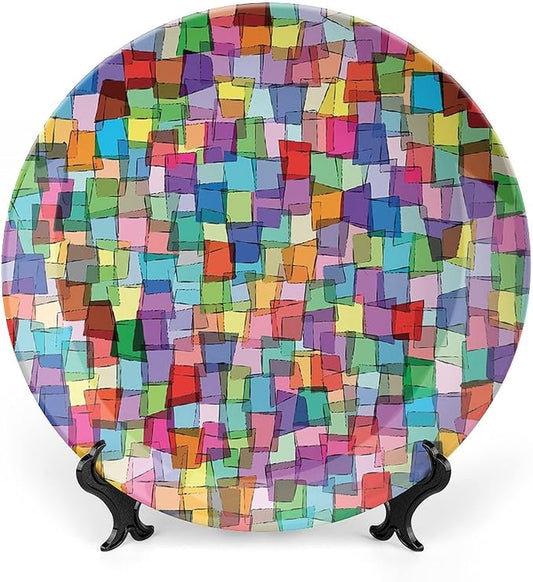 Ceramic Display Plate, Abstract Ceramic Hanging Decorative Plate, Mosaic Tile Pattern Colorful Squares Cubes, 6 Inch, Household Custom Ceramic Plate, Multicolor