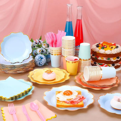 Yaomiao 168 Pcs Pastel Scalloped Paper Plates Cups Napkin - Image 5