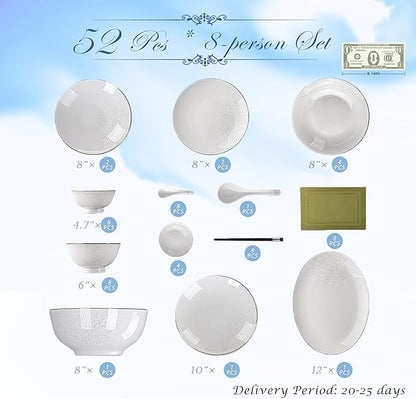 Fine Bone China Dinnerware Set,Porcelain&Ceramic Dinnerware Sets,Bone Stoneware&Ceramic Cookware Tableware Set Includes Dinner Plates|Spoons|Pasta Bowls|Soup Pot|Chopsticks (52PCS * 8-Person Set)