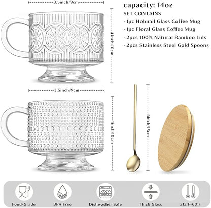 INSETLAN Vintage Glass Coffee Mugs 14 oz Set of 2, Embossed Overnight Oats - Image 3