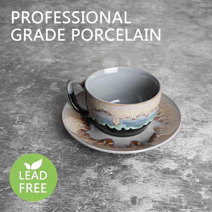 Bosmarlin Ceramic Cappuccino Cup and Saucer Set of 2, 10 Oz, Dishwasher and - Image 3