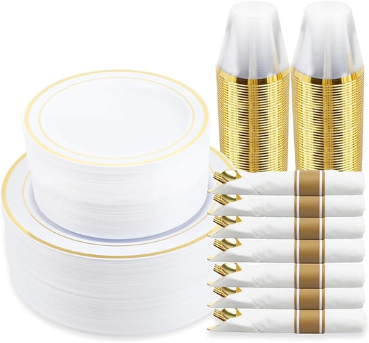 350 Piece Gold Dinnerware Set,100 Plastic Plates, 50 Cups,50 Pre Rolled Napkins with Plastic Silverware, Disposable Gold Dinnerware Set for 50 Guest