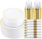350 Piece Gold Dinnerware Set,100 Plastic Plates, 50 Cups,50 Pre Rolled Napkins with Plastic Silverware, Disposable Gold Dinnerware Set for 50 Guest