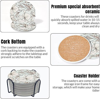 Ceramic Coasters Set of 6, Marble-Textured Design with Holder - Absorbent Cork-Backed Coasters for Cups, Bar & Coffee Table Decor Accessories (Flower-Leaves, 6 Pack)