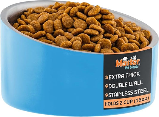Master Pet Supply Stainless Steel Slanted Dog Cat Food Bowl - 16 oz Heavy Duty - True Blue, Double Wall Insulated, Non-Slip Elevated Bowl for French Bulldogs Pugs Cats, Anti Rust Dishwasher Safe