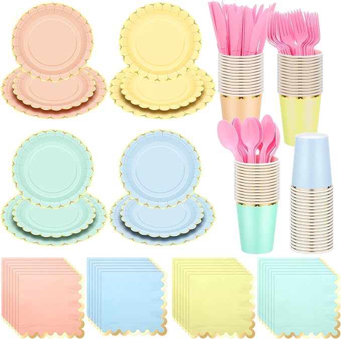 Yaomiao 168 Pcs Pastel Scalloped Paper Plates Cups Napkin by Yaomiao