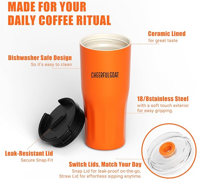 CHEERFUL GOAT Ceramic Lined Coffee Travel Mug – Stainless Steel Travel Coffee - Image 4