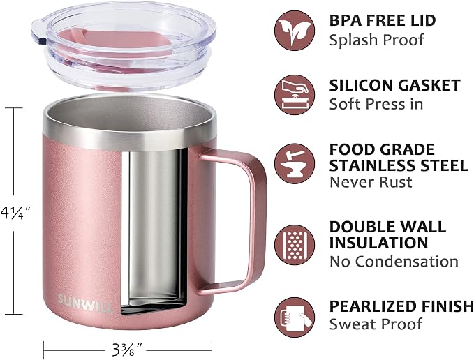 SUNWILL Travel Coffee Mug with Lid, Insulated Tumbler with Handle, 14 oz - Image 3