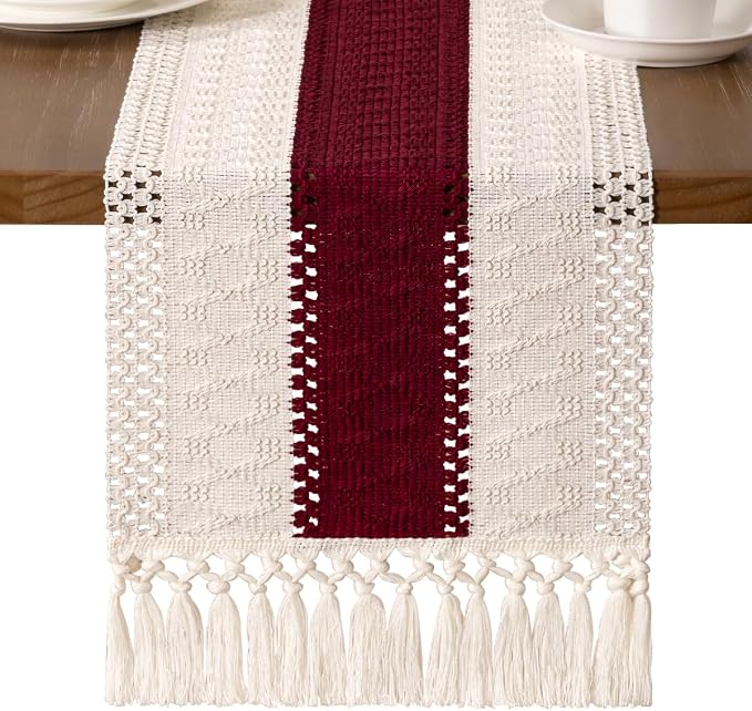 MLMW Boho Ivory Burgundy Table Runner Farmhouse Burlap Small Table Runner - Image 3