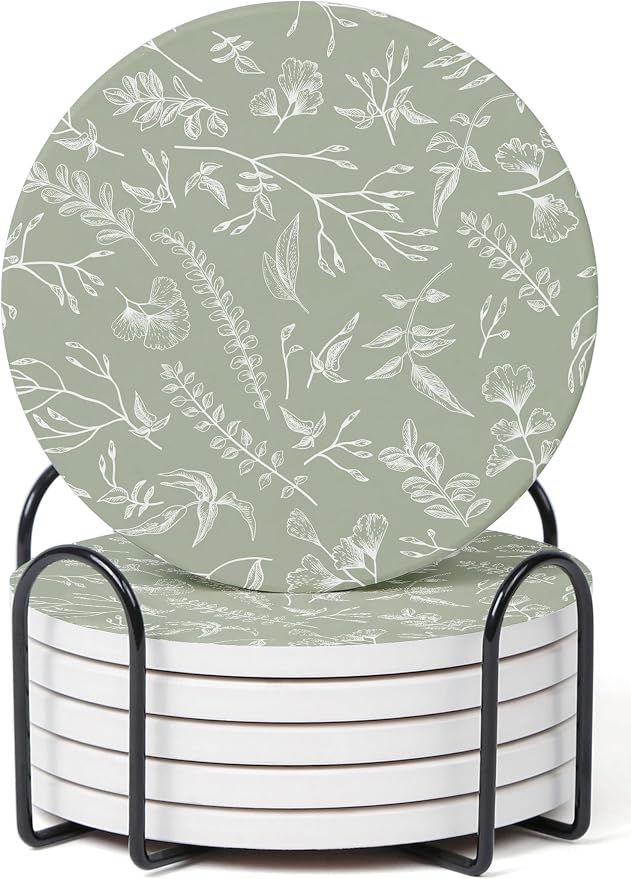 Set of 6 Floral Sage Green Coasters by Hoomey