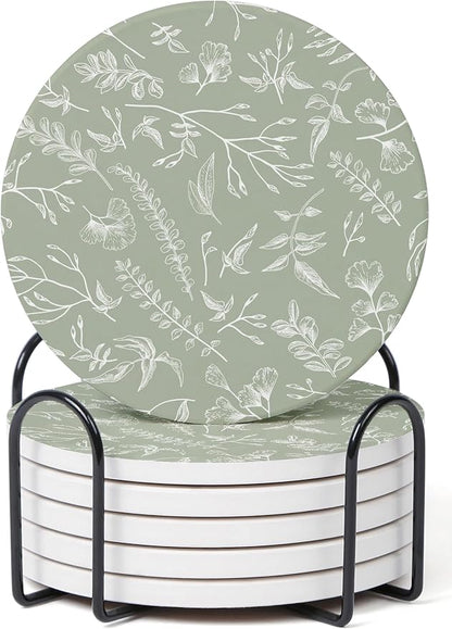 Set of 6 Floral Sage Green Coasters by Hoomey