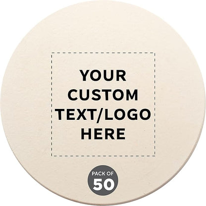 DISCOUNT PROMOS Custom Ceramic Coasters Set of 50, Personalized Bulk Pack - 4 Inches with Cork Bottom Pad, Perfect for Hotel, Bar, Restaurant - Natural