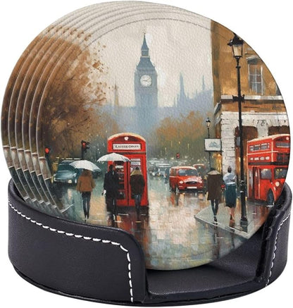 6Pcs PU Leather Coaster for Drinks, London Impression Cup Coasters - Image 9
