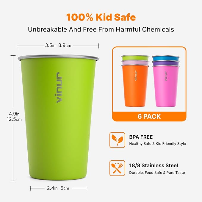 VINUR Stainless Steel Cups 16 oz Metal Drinking Glasses 6 Pcs | Stainless Steel - Image 3
