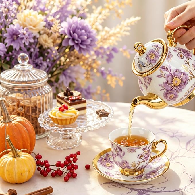 20 Pcs Porcelain Tea Set with Metal Holder, 700ml/23oz European Ceramic Tea Set - Image 2
