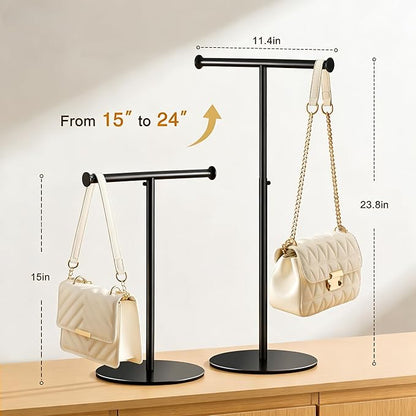 niffgaff T Bar Purse Display Stand Tabletop: Adjustable Height Handbag Holder, Countertop Hanging Rack for Long Necklace Scarf Lanyard, Black