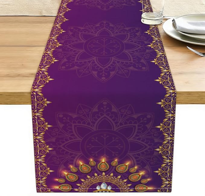 Linen Diwali Table Runner, Diwali Table Cloth Indian Table Decorations | Long by Unknown