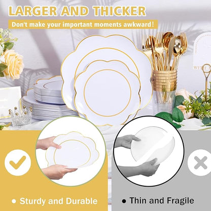 EI 180pcs White Plastic Plates with Gold Plastic Silverware,Heavy-Duty Disposable Plates for Party,White Dinnerware Set for 30 Guest Wedding,Afternoon Tea,Spring,Mother's/Valentine's Day