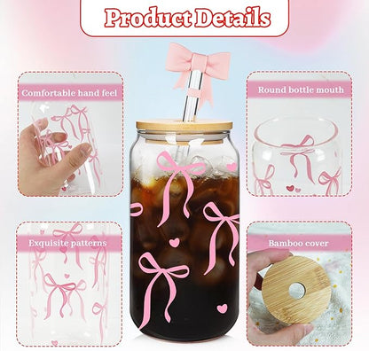 Mason Life Coquette Pink Bow Cute Glass Cups with Lids 2Pack 18OZ Cute Tumbler Glass Cup with Keychains and Straw Covers for Valentines Day Gift Iced Coffee Smoothie Cocktail Matcha Milk Mother's Gift