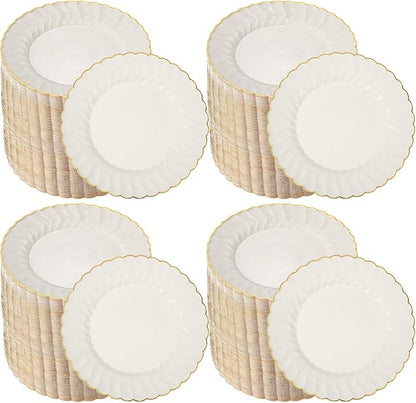 Mifoci 150 Pcs 7.5 Inch Ivory with Gold Rim Plastic Disposable Plates Bulk Salad Dessert Appetizer Cake Plates Elegant Fancy Plastic Tableware for Party Holiday, Wedding, Catering Table Decoration