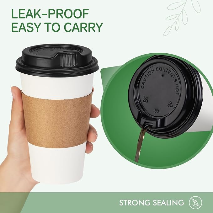 16oz 100 Pack Coffee Cups with Lids Leakproof - Image 3