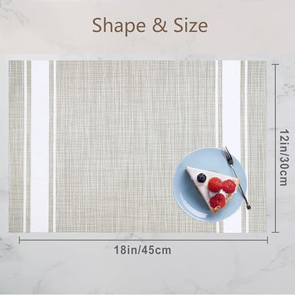 DACHUI Placemats Set of 6, Soft & Elegant Woven Vinyl Place Mats, Water Resistant, Heat Resistant, Washable, Durable Table Mats (White Stripes)
