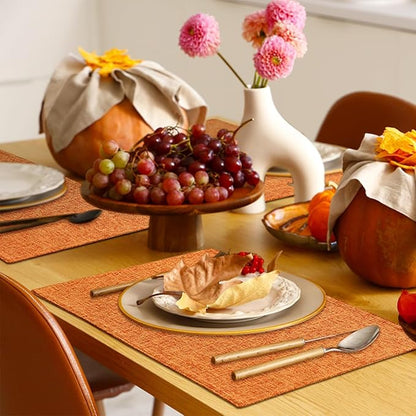Homaxy Cloths Placemats for Dining Table Set of 6, Heat Resistant Washable Cotton Linen Blend Table Mats, Easy to Clean Place Mats for Indoor Outdoor Party Kitchen Decoration, 13" x 19", Orange