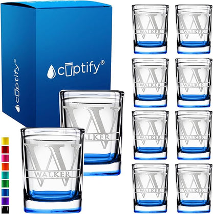 Personalized Glasses Split Script Initial and Name Set of 10 2oz Blue Bottom Etched Square Shot Glass Engraved with Custom Text Birthday Gift for Men and Women