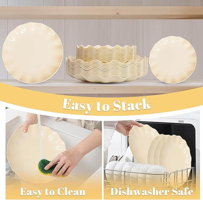 LIYH 50 Pcs Beige Plastic Plates Reusable Unbreakable Dinner Plates Scalloped Plastic Plate Dishwasher Safe Ivory Plate Sets Perfect for Parties Birthday Picnics BPA Free (25Guests)
