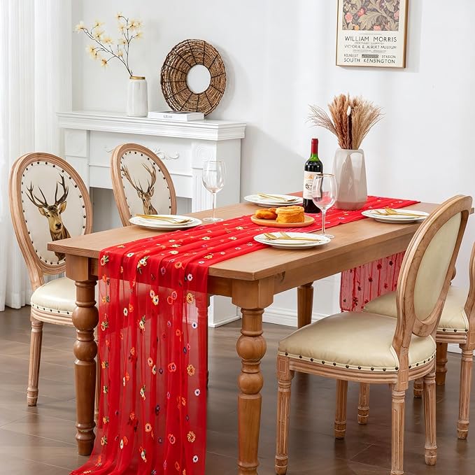BINBE 3pcs Daisy Spring Table Runner Embroidery Gauze 10FT Florals Seasonal - Image 4