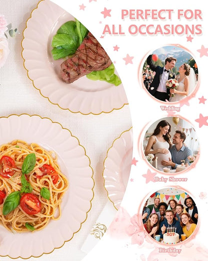 YOUBET 175PCS Pink Scalloped Plastic Plates - Gold Disposable Dinnerware Set Include 50 Plates, 75 Gold Silverware, 25 Cups, 25 Napkins for Party & Wedding & Baby Shower Valentines Day