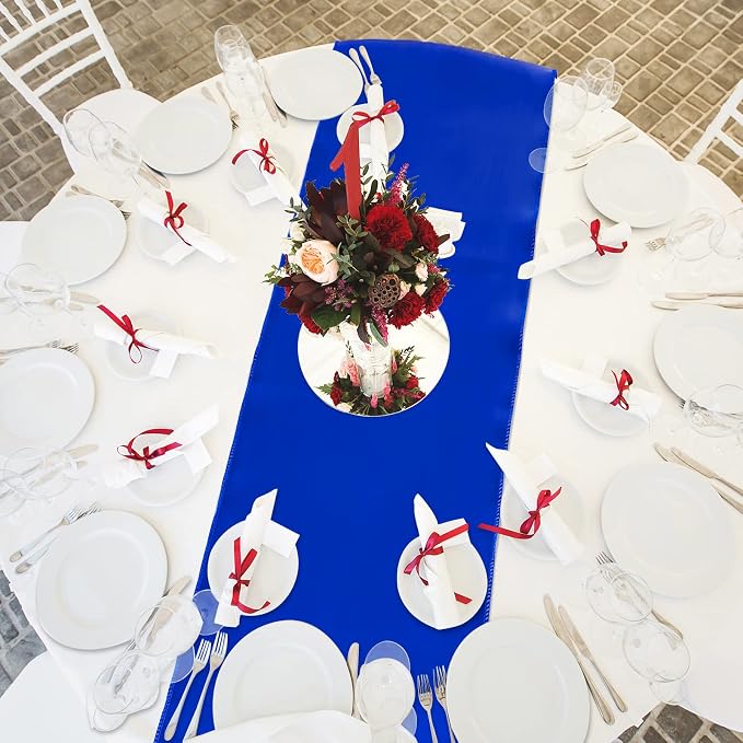 Queekay 24 Pcs 84'' Round Plastic Tablecloth 12 x 108'' Satin Table Runners Set - Image 4