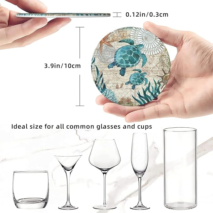 Drink Coasters with Holder Stand Set of 6, Sea Turtle Pu Leather Absorbent - Image 3