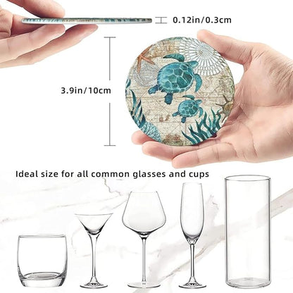 Drink Coasters with Holder Stand Set of 6, Sea Turtle Pu Leather Absorbent - Image 3