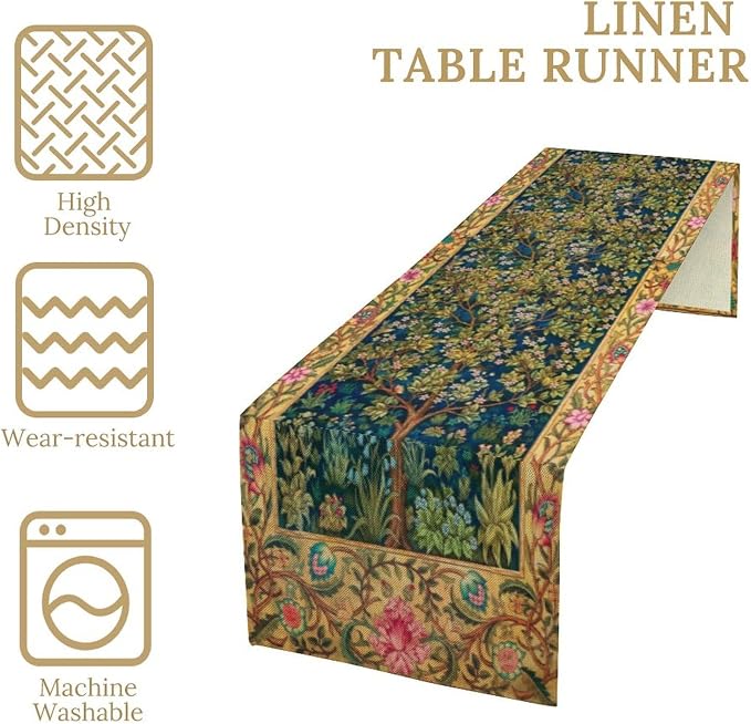 William Morris Table Runner, Boho Rustic Ethnic Tree of Life Flower Original - Image 4