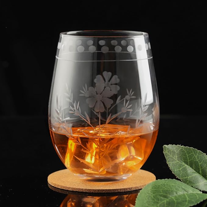 Joeyan Hand Blown Etched Stemless Wine Glasses, Carved Red and White Wine - Image 3