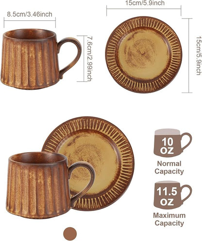 Ceramic Cup and Saucer Set, 11.5 oz Coffee Cups - Image 2