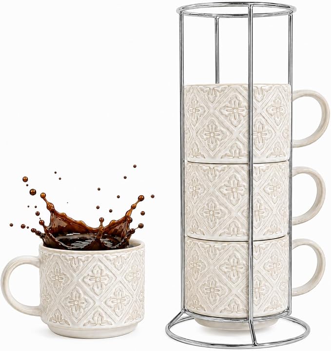 6 Oz Coffee Cups with Stand, Stackable Espresso Cups Set of 4, Ceramic by Unknown