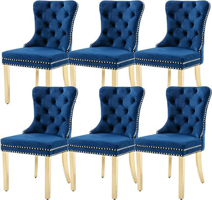 KCC Velvet Dining Chairs Set of 6, Upholstered High-end Tufted Dining Chair with Nailhead Back Ring Pull Trim Stainless Steel Legs, Contemporary Nikki Collection Modern Style for Kitchen, Blue