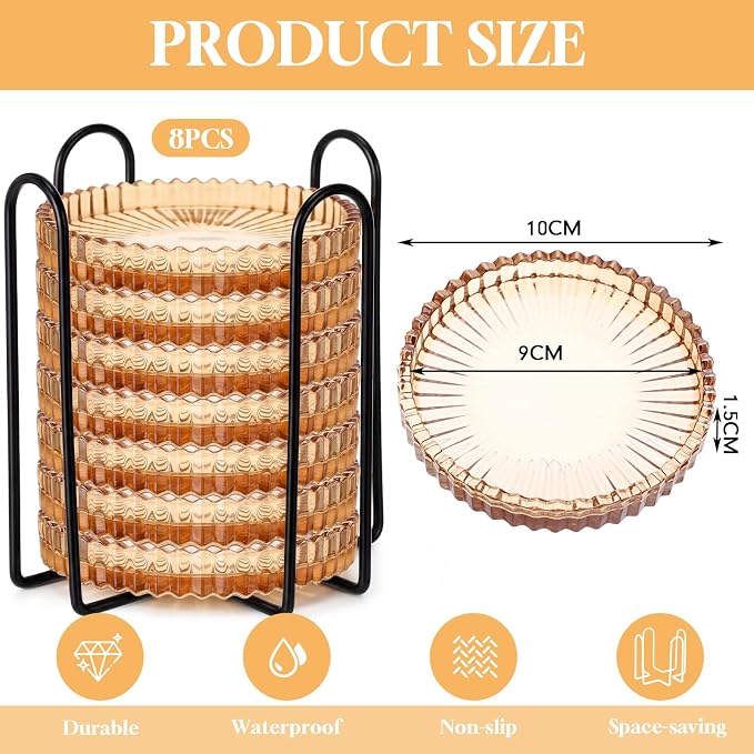 8 Pcs Glass Coasters with Holder Clear Drink Coasters Crystal Round Beverage - Image 2
