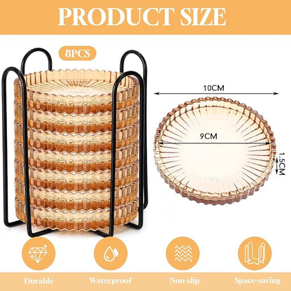 8 Pcs Glass Coasters with Holder Clear Drink Coasters Crystal Round Beverage - Image 2