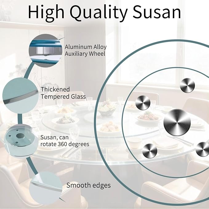 20" Glass Lazy Susan for Dining Table, Glass Turntable Table Centerpiece with 6 Rotating Wheels, 360° Smooth and Silent Spin Tabletop Rotating Tray, for Family Gatherings, Banquets, Weddings, 51 cm