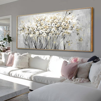 VAYIMDH White and Gold Canvas Wall Art Flower Photo Prints Vintage Wood Wall Decor 40"x86" Kitchen Artwork Pictures for Bedroom