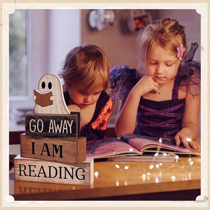 Moucuny 4 Pcs Halloween Table Decoration Wooden Ghost Reading Stacked Block - Image 6