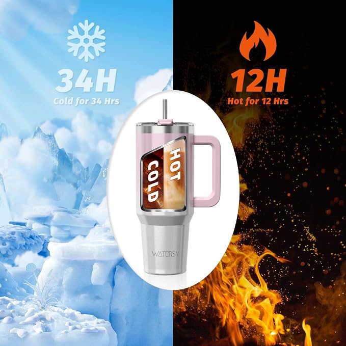 40 oz Shiny Tumbler with Handle and Straw, Stainless Steel Tumbler with Lid and - Image 2
