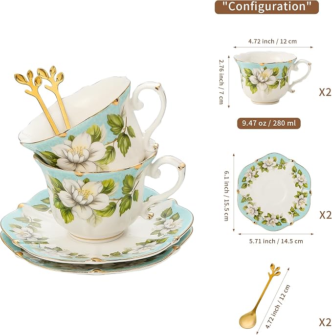 TATSUMI Country Roses Bone China Tea Cup and Saucer Set, 6 Pieces, Vintage Style - Image 2