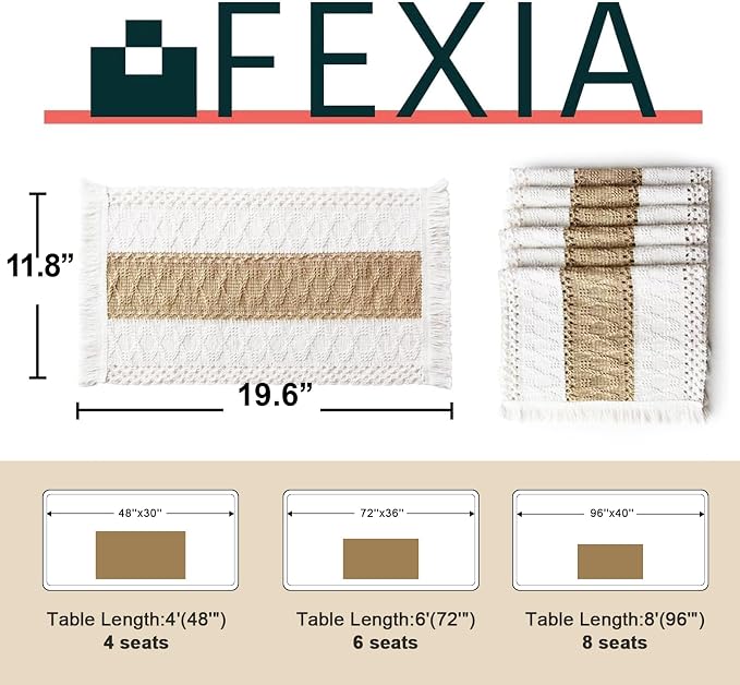 Boho Placemats Set of 6, Macrame Table Mats Farmhouse Dining Decor | 12x20" - Image 3