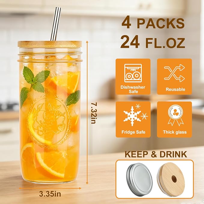 Magicsky 24 oz Glass Cups Iced Coffee Mason Jar Tumbler - Image 5